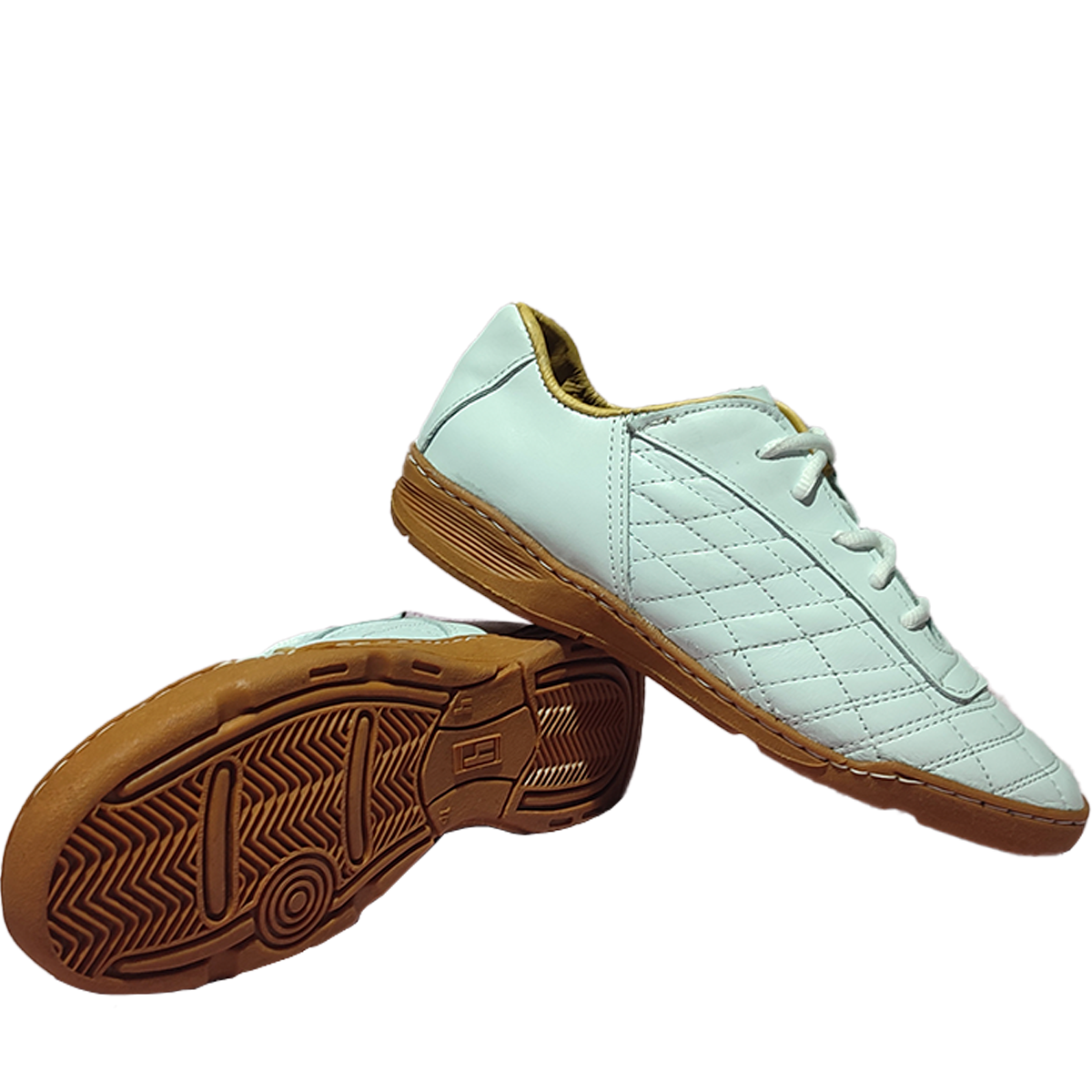 Chuteira Sport Moves Branca de Futsal com Solado Caramelo – Couro Argentino Premium para Indoor